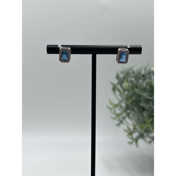 Sterling Silver Stamped 925 Rectangular Blue Stone Stud Earrings - Picture 2 of 14